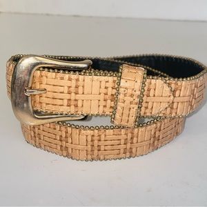 Vintage Elite Fresno California Tan Woven Waist Belt with Brass Beaded Trim